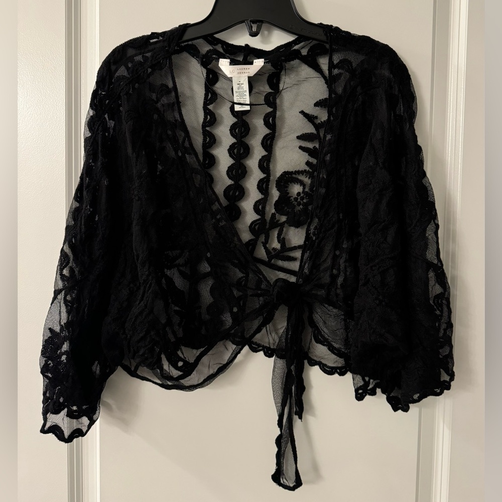 #1857 - Lauren Conrad Black Mesh & Embroidered Lace Short Sleeve Tie-Front Shrug